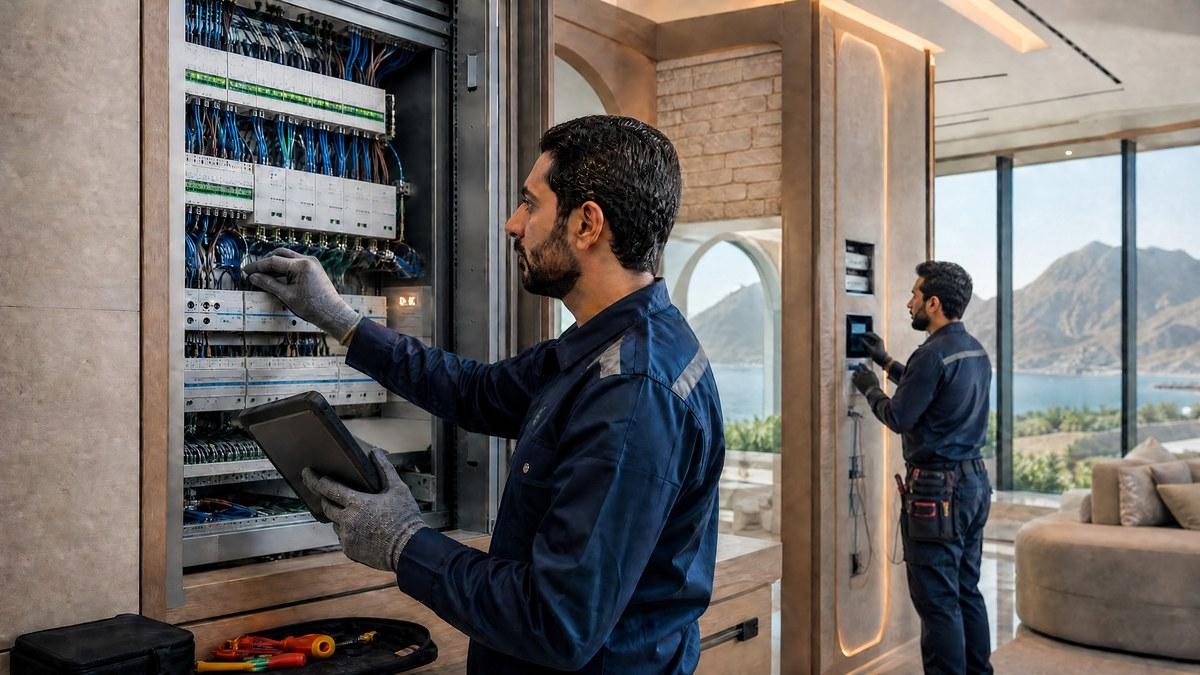 فنيّان يُديران لوحة KNX داخل فيلا عصرية في مسقط